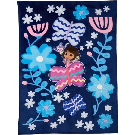 Dora Kids Blue Floral Print Fleece Bed Blanket, Twin/Full