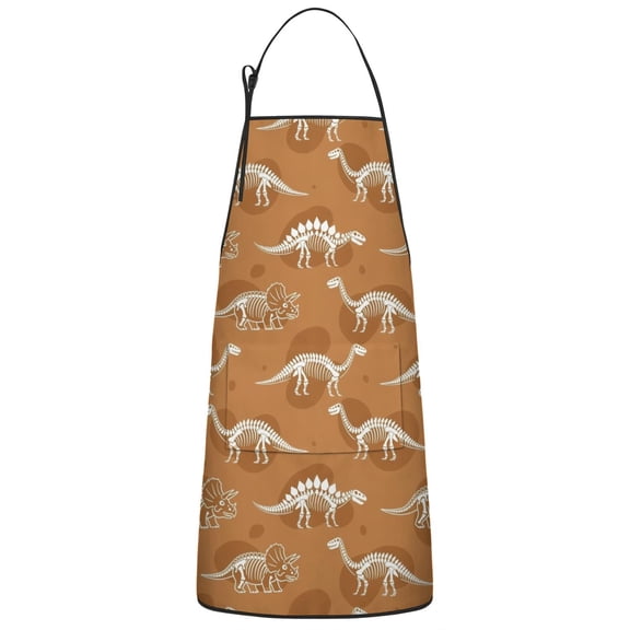 Brown Cartoon Dinosaurs Skeletons Pattern Apron-Garden Aprons for Women with Pockets-Cotton Linen Waterproof Kitchen Cooking Gardening Aprons Adjustable for Kitchen,Cooking,BBQ and Salon 33x27 Inch