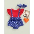 thumbnail image 4 of Chollius Infant Baby Girls Independence Day Romper Ruffles Sleeve Stars Print Patchwork Overalls Bow Headband Summer Ckothes, 4 of 9