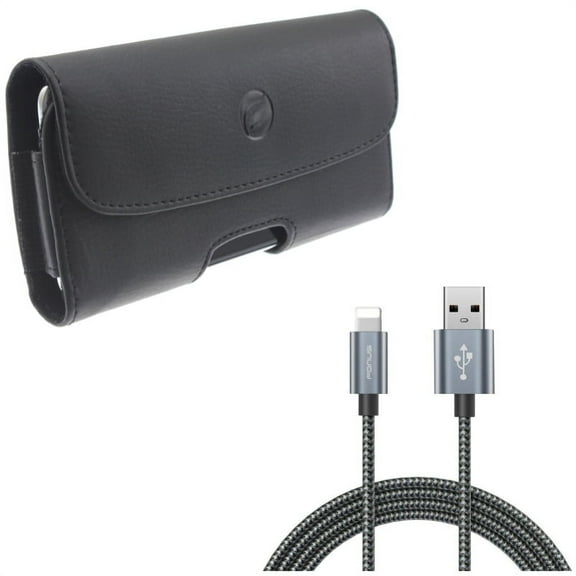 10ft USB Cable w Case Belt Clip for iPhone XS/X - Charger Cord Power Wire Braided Long, Leather Holster Cover Pouch Loops for iPhone XS/X