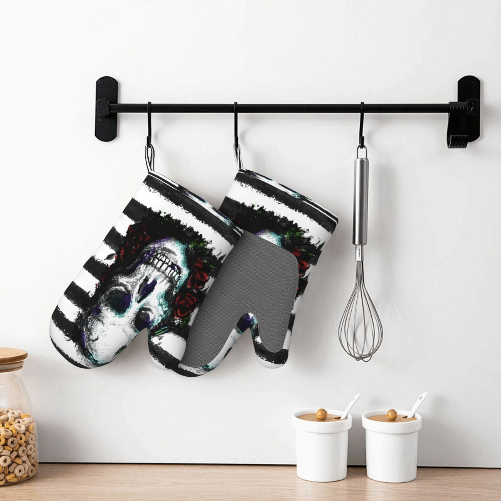 Hirioo Watercolor Skull for Silicone Oven Mitts for BBQ, Baking, Cooking, Set of 2, Heat Resistant 260℃, Non-Slip Kitchen Essentials