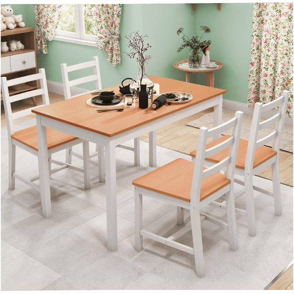 Modern White Solid Wood Dining Table Set for 4, Farmhouse Kitchen Table and Chairs with High Back Slatted Seating