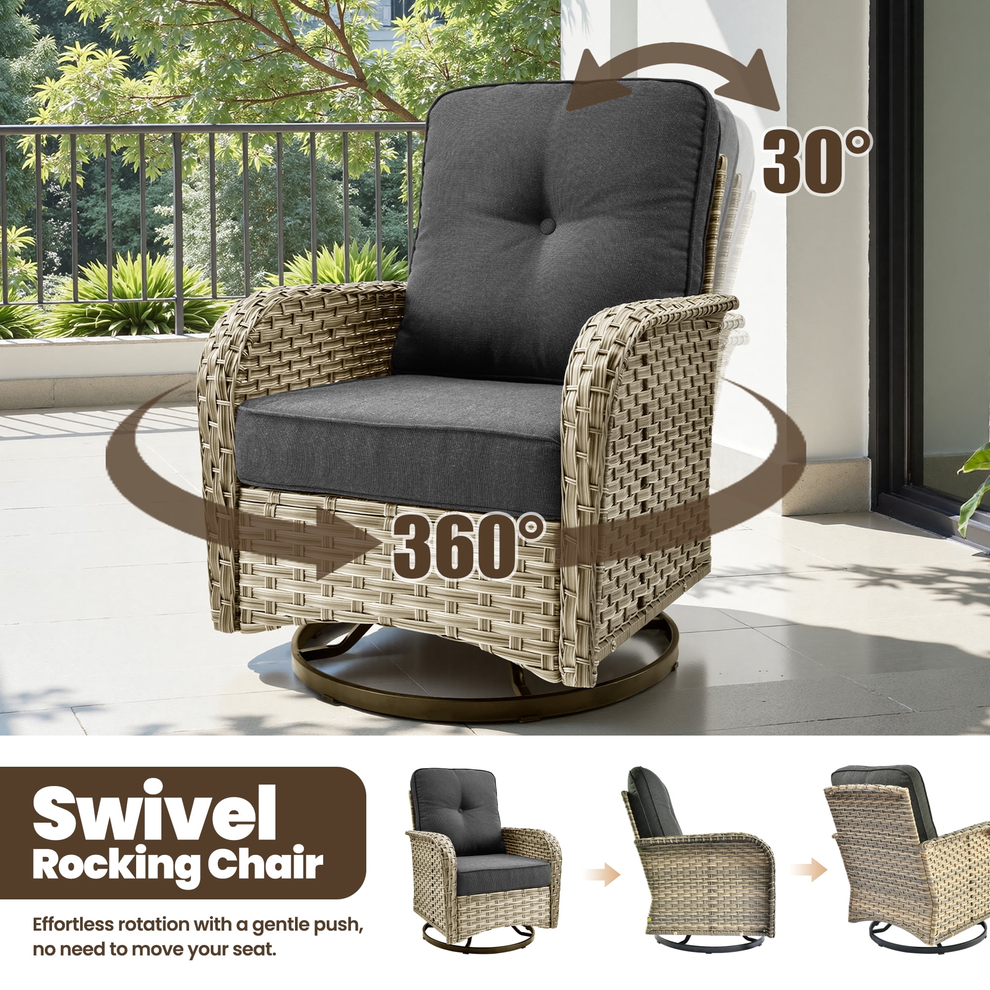 Toject 9 Pieces Patio Furniture Set Outside Furniture Wicker Patio Conversation Set with Swivel Chairs, Outdoor Furniture for Garden, Black