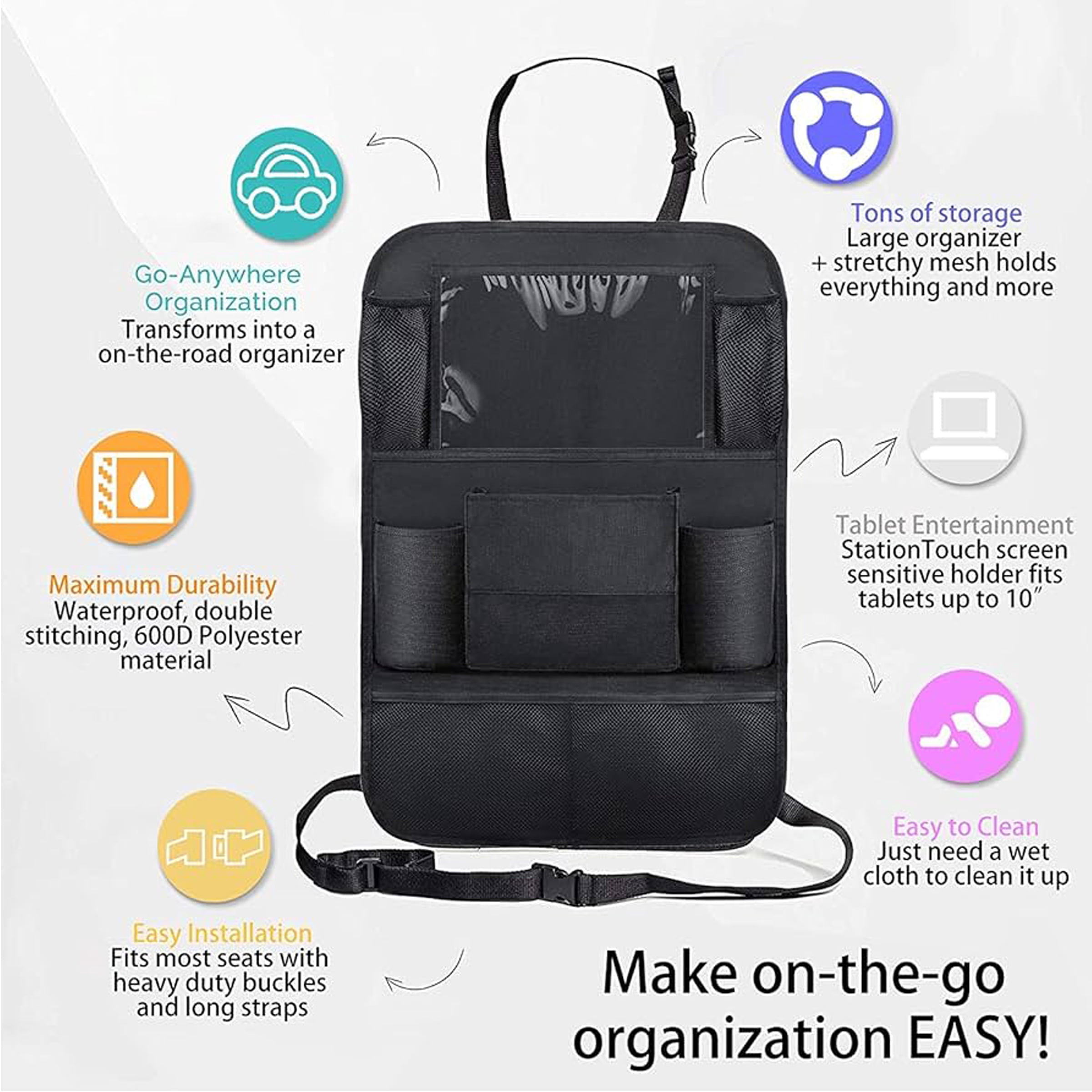 Auto Drive Car Back Seat Organizer with Tablet Holder, Multi-Pocket Storage and Drink Holders, Black