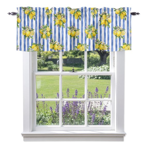Summer Lemon Valances for Windows, Summer Lemon Floral Blue Stripes Valance Window Treatment Rod Pocket Short Curtains Valances for Kitchen Bathroom 42"W x 12"L