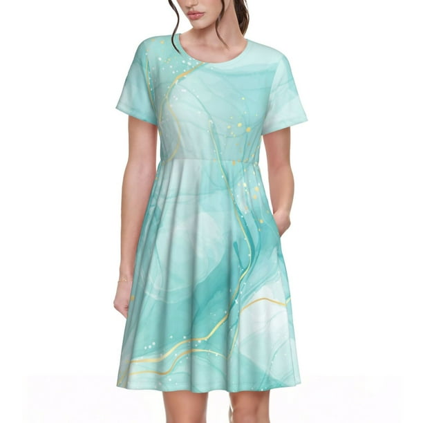 Balery Blue Marble Vestidos sueltos de manga corta para mujer, vestidos de verano 2025, vestidos casuales de corte A con vuelo.