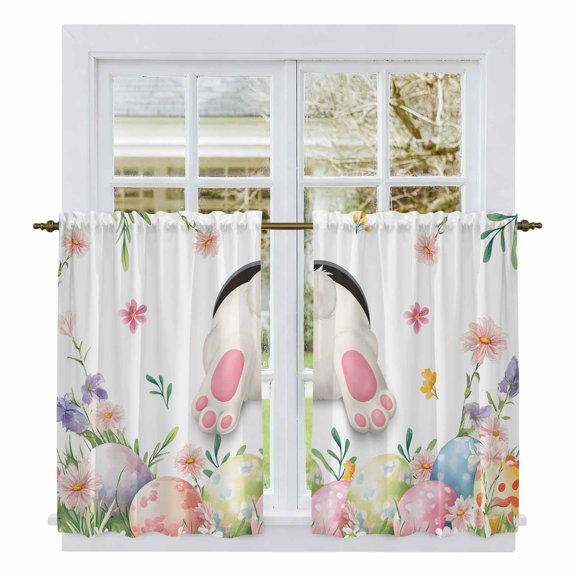 Easter Kitchen Curtain for Berdoom Living Room Cafe 45 Inch Length, Spring Rabbit Feet Eggs Botanical Blooms Flowers Tiers Curtains Light Filtering Drapes Window Treatment 2 Panels 52"Wx45"L