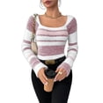 thumbnail image 3 of Women's Pullover Striped Knit Square Neck Sweater Color Block Long Sleeve Cute Trendy Fuzzy Sweaters Pink L, 3 of 10