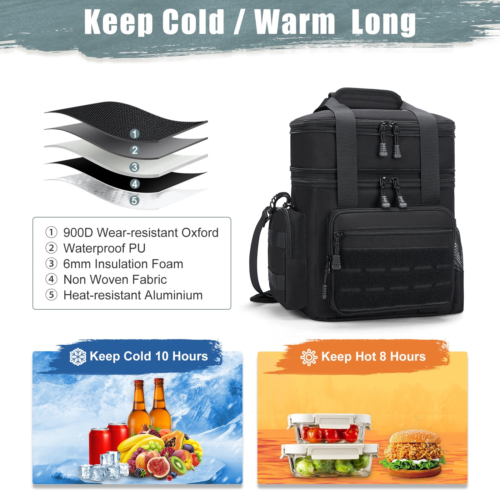 Holuxer Insulated Tactical Lunch Box for Men, 24 Can Double Deck Expandable Lunch Bag for Work Travel Daytrip Picnic Camping, Large Fashion Cooler Bags with Adjustable Shoulder Strap Organizer Black