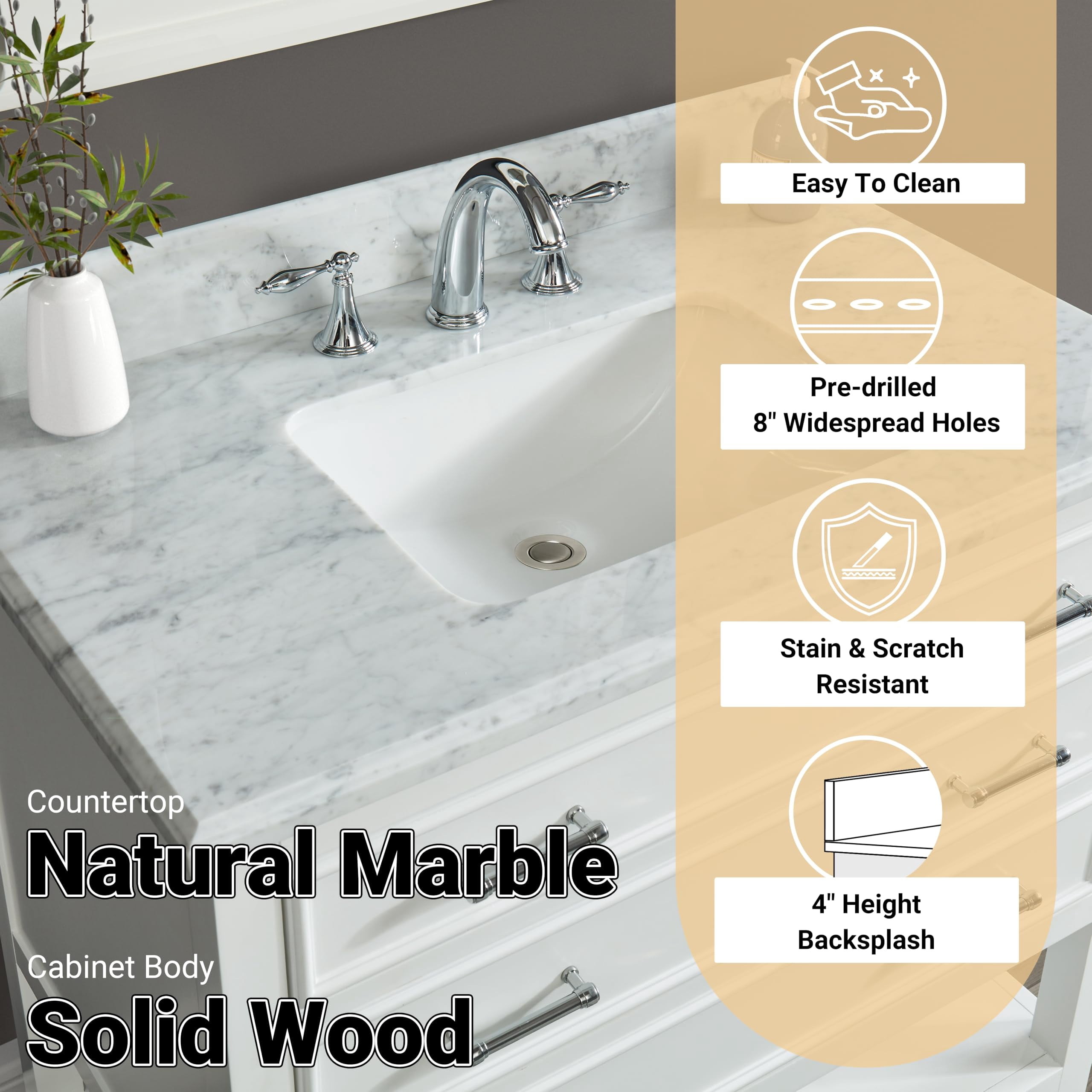 Manhattan 30" Single Bathroom Vanity, 31" W x 22" D x 34.5" H, Carrara Marble Top with Sink & Backsplash, Dove White, Solid Wood, Pre-Assembled, 3 Soft-Close Drawers, 1 Shelf