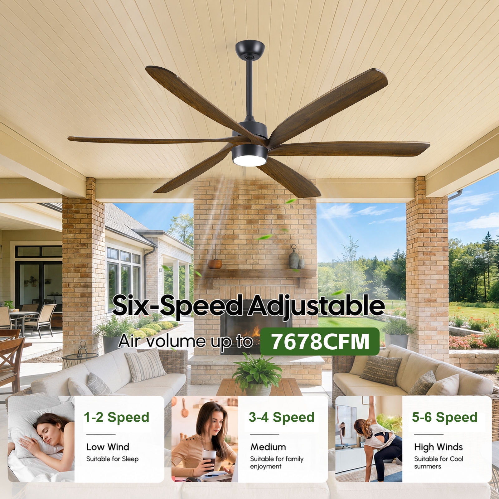 60 inch Farmhouse Ceiling Fan with Light and Remote, Indoor Outdoor Large Reversible Solid Wood 6 Blades, 3CCT Dimmable, 6 Speed Quiet DC Motor