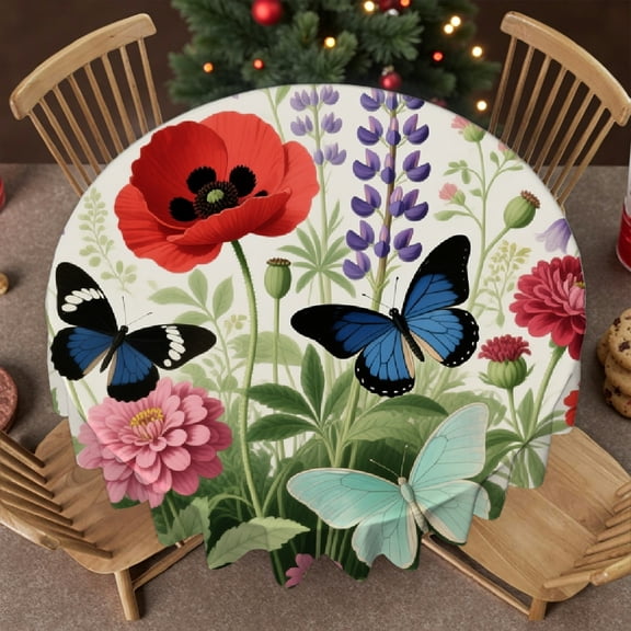 Family Round Tablecloth - Garden Floral Print, Polyester Tablecloths Holiday-Themed Design Tablecloth for dining table, Cafe, picnic,60x60 Inch