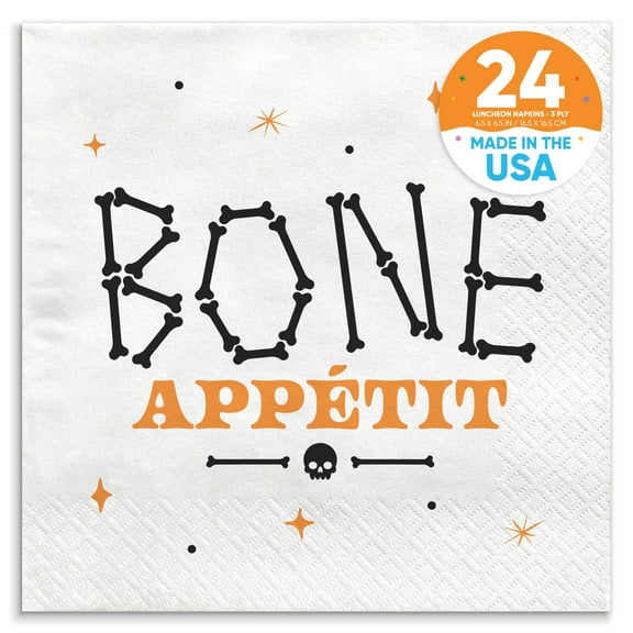 Big Dot of Happiness Bone Appetit Party Napkins, Skeleton Halloween Party Decor, White 3-Ply Paper Luncheon Napkins - 24 Count