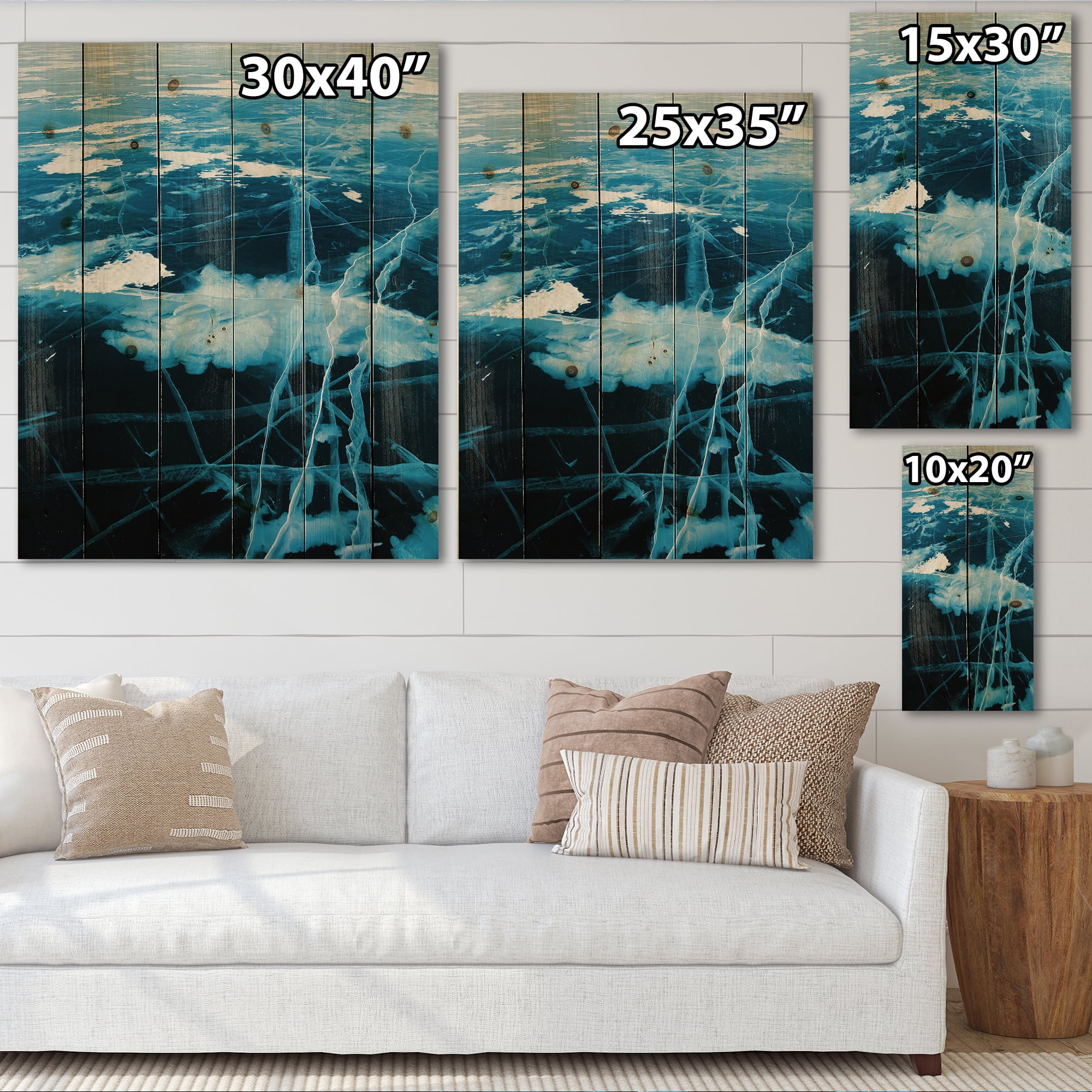 Designart 'White and Blue Ice Structure I' Modern Print on Natural Pine Wood