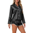 thumbnail image 4 of INSPIRE CHIC Women's Satin Pajamas Set Long Sleeve Button Down Top and Shorts 2 Piece Silky Pjs Set S Black, 4 of 6