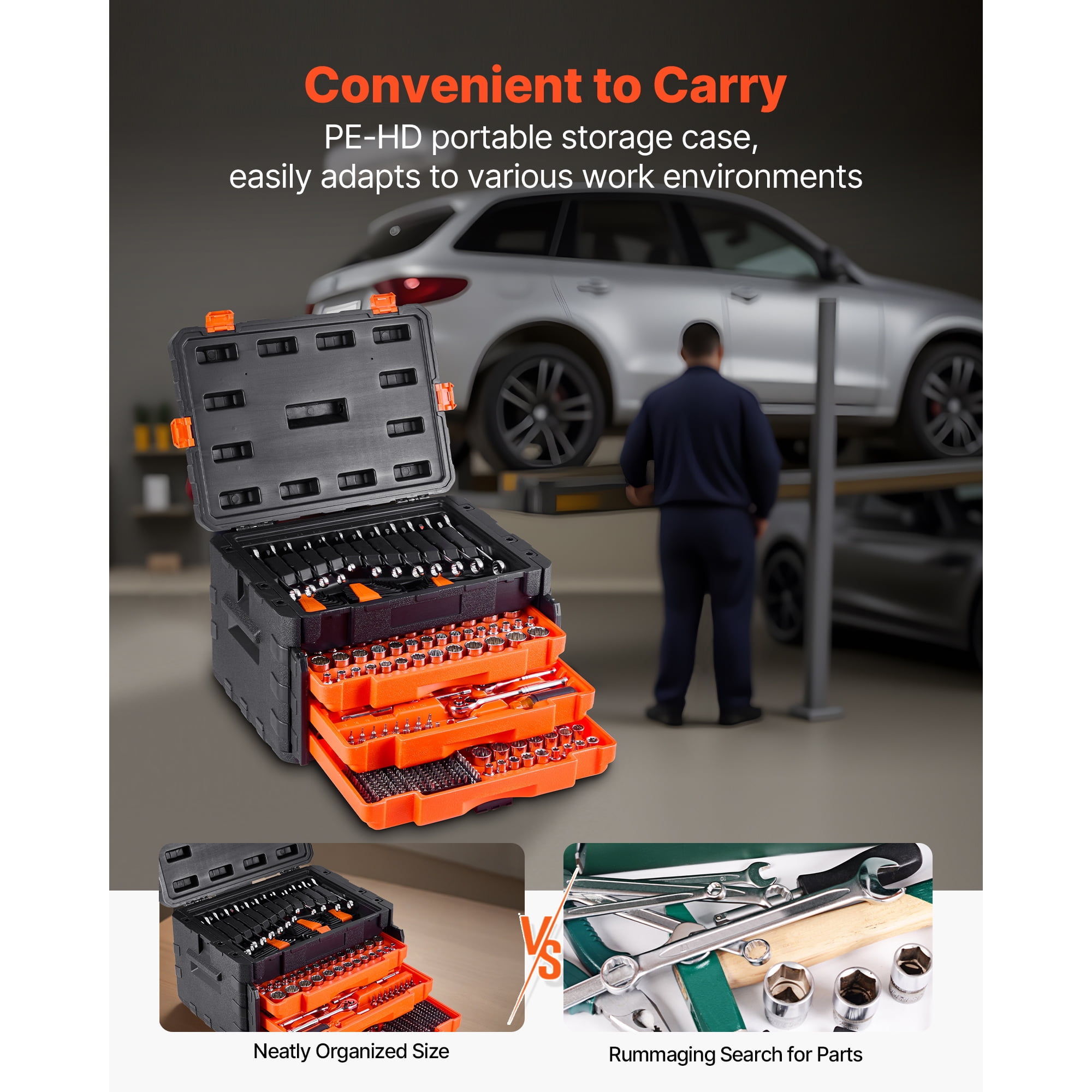 KFFKFF Comprehensive Mechanics Tool and Socket Set, 450 Pieces, Includes 1/4, 3/8, and 1/2 Inch Drive Deep and Standard Sockets, SAE and Metric Tools with Bits, Wrenches, Accessories
