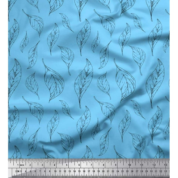 Soimoi Blue Viscose Chiffon Fabric Pear Leaves Print Fabric by the Yard 42 Inch Wide