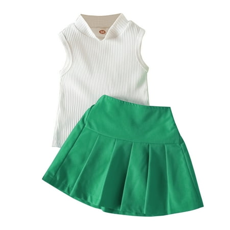 

GWAABD Summer Baby Girl Clothes Green Cotton Blend Toddler Girls Clothing Set Sleeveless Solid Turtleneck Knitting Ribbed Tops Pleated Skirt Outfits for Girls 100