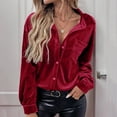 thumbnail image 5 of qelini Velvet Shirts for Women Long Sleeve Tops Basic Tee Solid Lapel Collared Button Down Dressy Formal Blouses with Pocket, 5 of 8