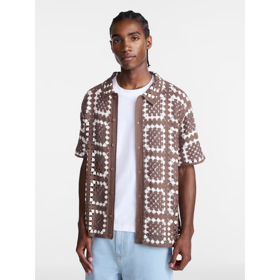 No Boundaries Men's Faux Crochet Pattern Boxy Fit Button Through Sweater Polo, Sizes XS-3XL