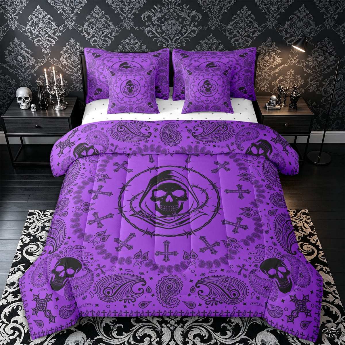 Castle Fairy Gothic Skull Full Size Bedding Sets 7 Pieces Boho Floral Paisley Full Size Bed in a Bag Purple Black Reversible