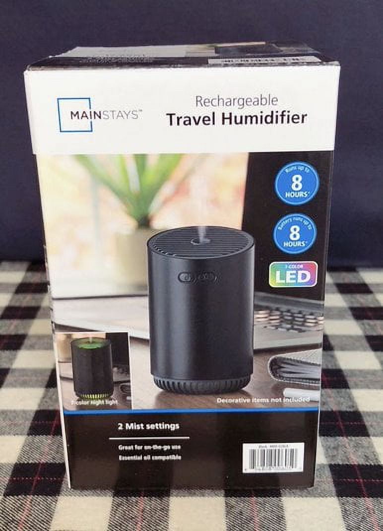 Mainstays Brand Rechargeable Cool Mist Travel Humidifier 320 ml with 7-color LED Lights, MHD-02BLK, Black Color , Home,Car, Office Humidifier
