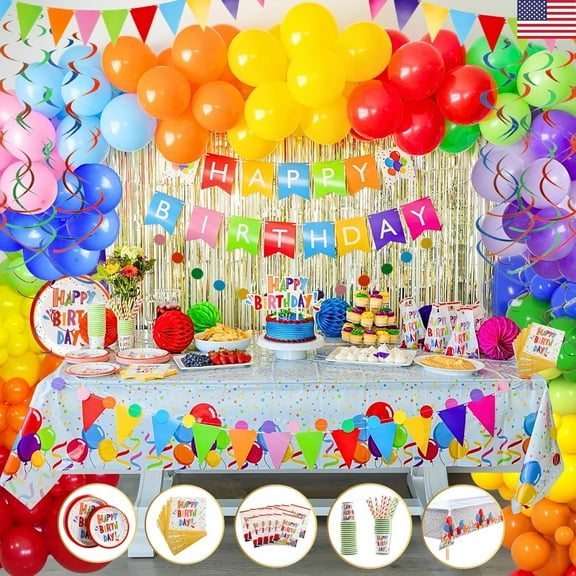 MEGA 275 PC Happy Birthday Decorations Kit - Colorful Party Decor Supplies for Boy Girl, Rainbow Balloon Arch Kit, Banner, Tablecloth Honeycomb Cake Topper Plates Cups & Napkins- 25 Guests