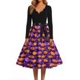 thumbnail image 5 of Women's Halloween Dress Candy Witch Hat Long Sleeve Hepburn Cocktail Funny Dress V Neck 1950s Fall Casual Tea Length Dress with Belt XL, 5 of 5