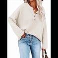 thumbnail image 1 of Suéteres de Gran Tamaño para Mujer, con Mangas Largas de Murciélago, Cuello en V Holgado, Botones, Estilo Henley, Jersey de Punto. Crema L, 1 of 6