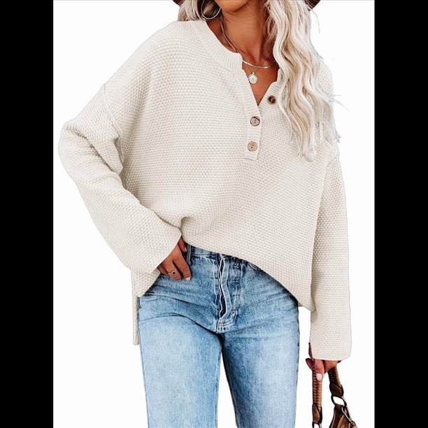 Suéteres de Gran Tamaño para Mujer, con Mangas Largas de Murciélago, Cuello en V Holgado, Botones, Estilo Henley, Jersey de Punto. Crema L