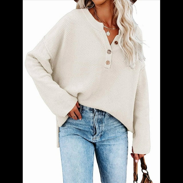 Suéteres de Gran Tamaño para Mujer, con Mangas Largas de Murciélago, Cuello en V Holgado, Botones, Estilo Henley, Jersey de Punto. Crema L
