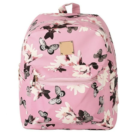 Mini Small School  Backpack, Coofit Floral Printed Faux Leather Bookbag Travel Shoulders Bag for Kids Women Girls Ladies, Pink