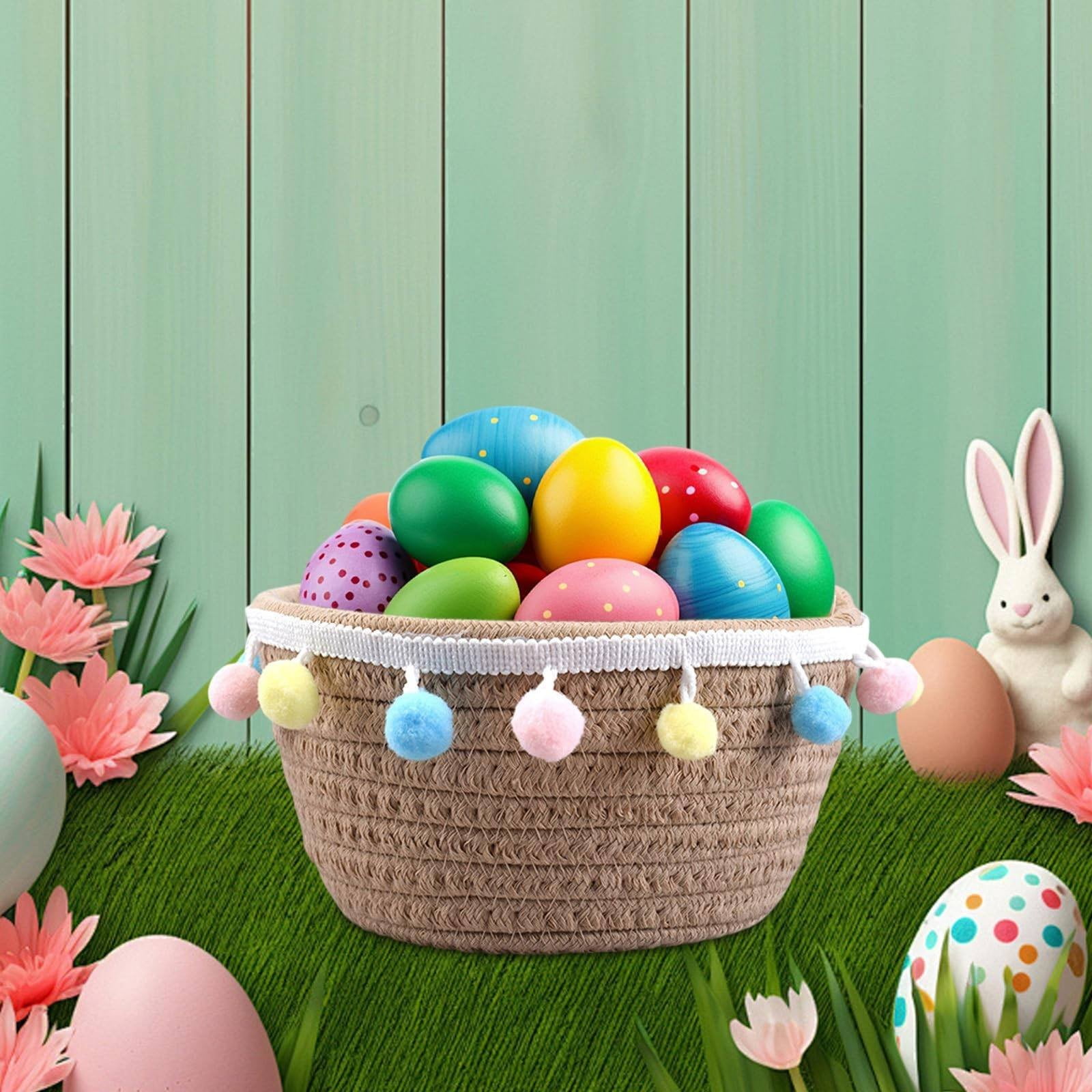 Piwvid Woven Easter Basket with Pompoms - Decorative Round Sundries Organizer | Portable Easter Egg Storage & Bedroom Decor | Handmade Cute Girls’ Holiday Display Tray