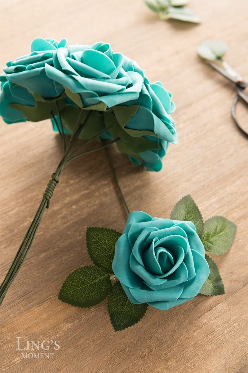 Artificial Flowers 25pcs Real Looking Teal Green Fake Roses w/Stem for DIY Wedding Bouquets Centerpieces Bridal Shower Party Home Decorations