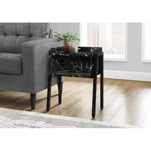 2-tier Accent Table with Black Marble Look & Storage, Black Metal