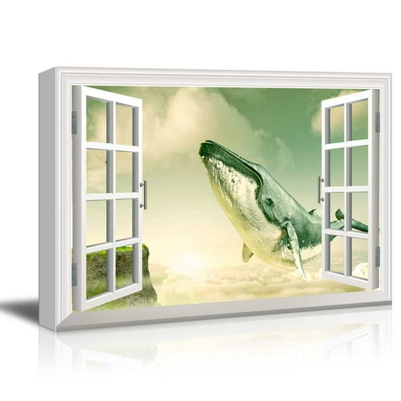 Window View Mystical Style Gigantic Whale Flying above the Clouds Gallery 16x24 inches