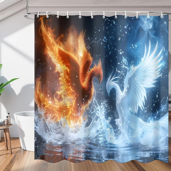 Fire Water Phoenix Shower Curtain Sets, Washable Polyester Fabric, Fantasy Bath Curtain for Bathroom Decor with Hooks 36"W x 72"H