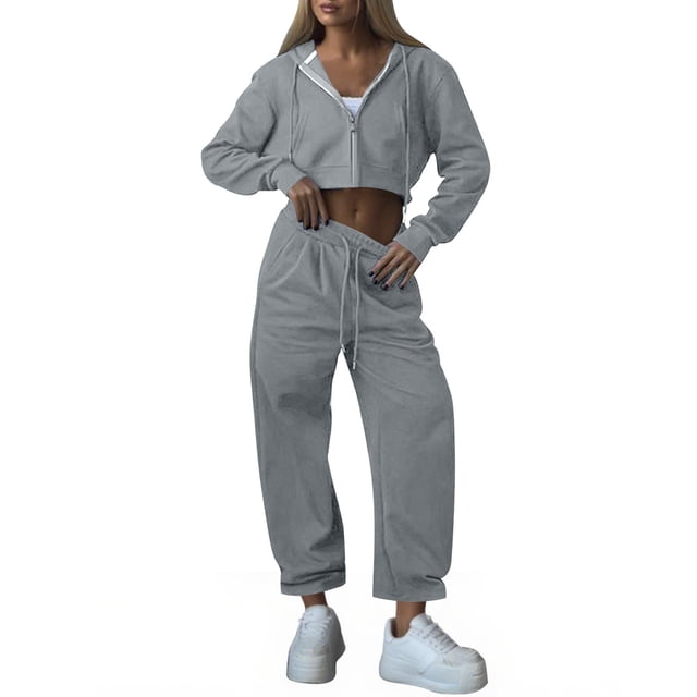 UPPADA Brown Workout Set,Women Two Piece Fall Outfits 2 Pc Oversized Outfits Fleece Zip up Hoodie Matching Drawstring Joggers Tracksuit Sets with Pockets Gray,XL