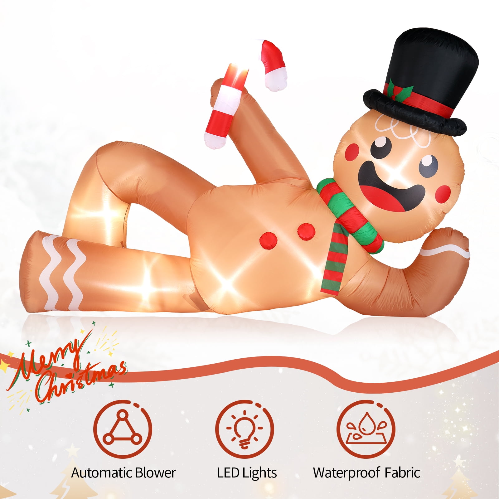 9.8ft Reclining Gingerbread Man, 6 LED Lights, Drawstring Bag, Christmas Inflatable Decoration, 12V, 1500mA, US Standard
