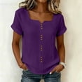 thumbnail image 4 of Women's Solid Linen Short Sleeve U-Neck Button Top Summer T-Shirt, 4 of 9