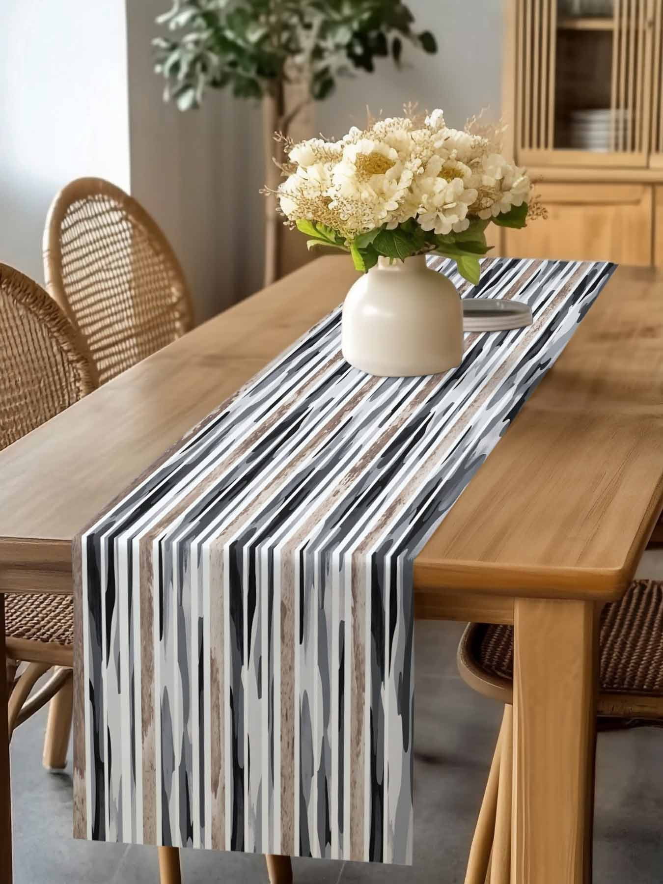 Gray Gradient Camo Table Runner, Abstract Mottled Stripe Vintage Washable Cotton-linen Table Runners Dining Kitchen Decoration for Everyday Home Wedding Party Decor, 13 x 90 Inch