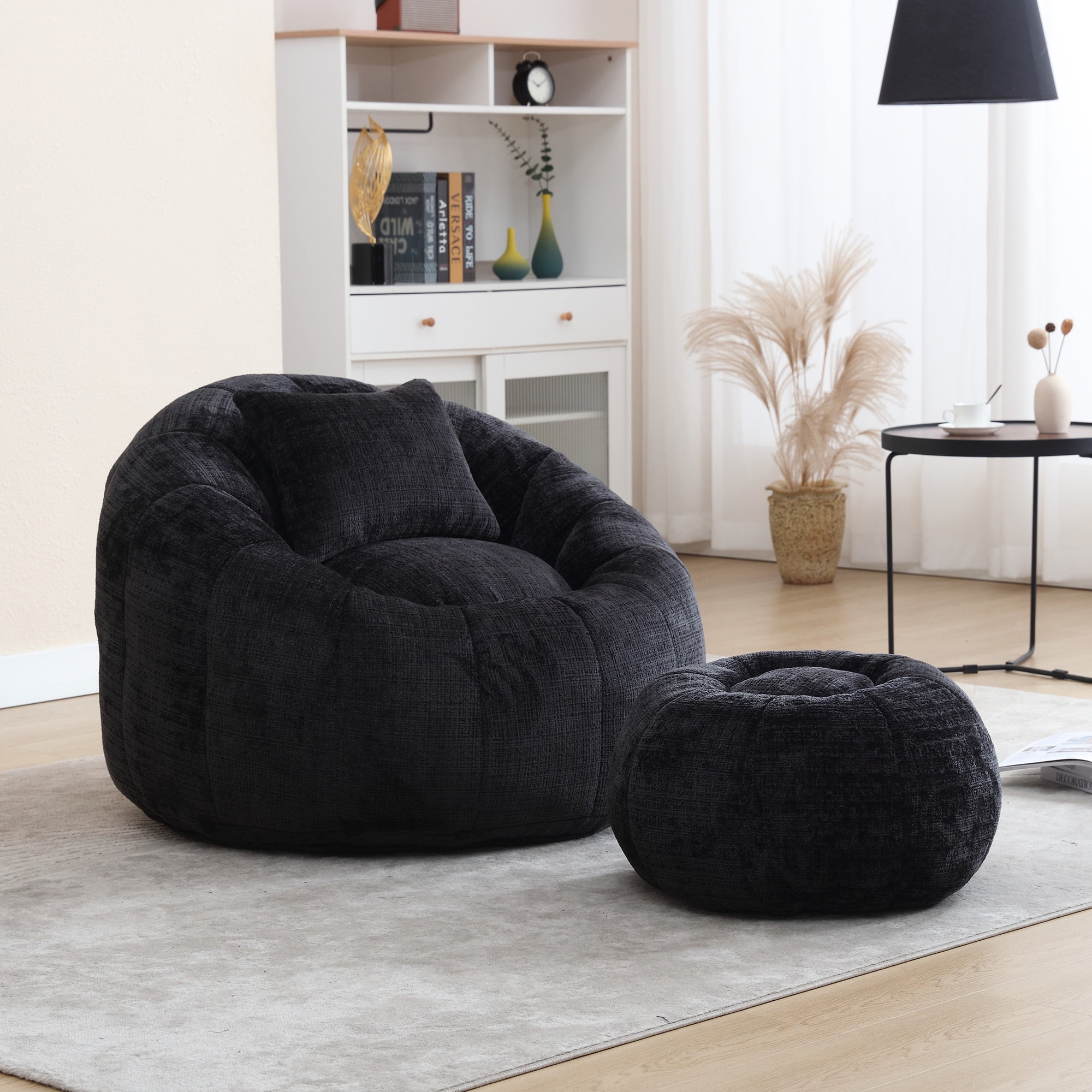 MOONMISS Chenille Upholstered Round Lazy Cozy Bean Bag Chair with Ottoman-BLACK