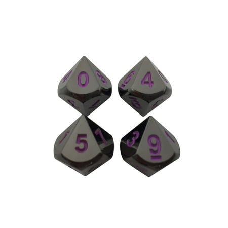 Whisper Metal - 4 Pack of D10 - Whispers of the Void | Shiny Black Nickel with Purple Numbers Metal Dice Set -