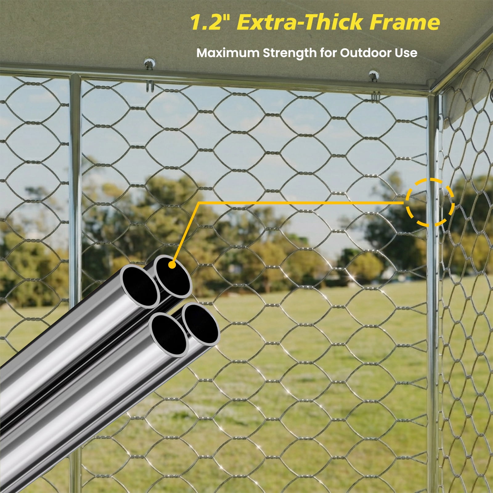 15x10 FT Large Outdoor Dog Kennel with Canopy,Heavy Duty Galvanized Steel,Waterproof Cover,Elevated Feeding Bowls,Escape-Proof Lockable Playpen for Large Dogs & Multiple Pets