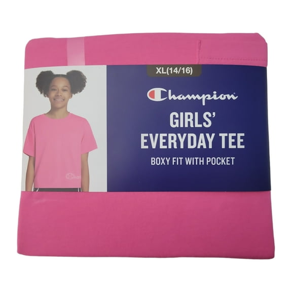Champion Girls' Soft Graphic Everyday Boxy Fit With Front Pocket Tee (Camelia Rose, XL (14/16))