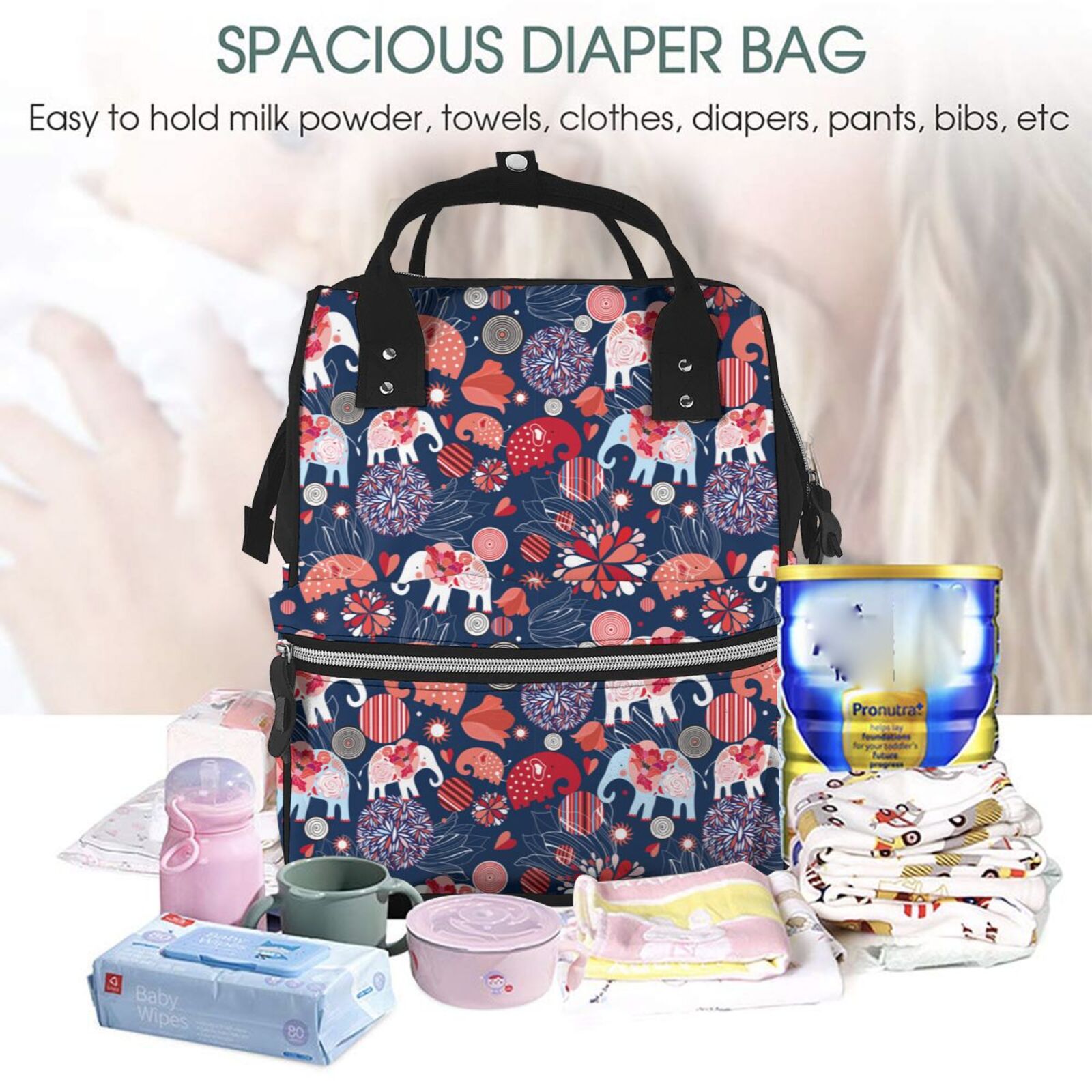 Fuzoiu Elephants Print Diaper Bag Backpack,Baby Essentials Travel Tote,Multi function Waterproof Diaper Bag, Travel Essentials Baby Bag - Unisex