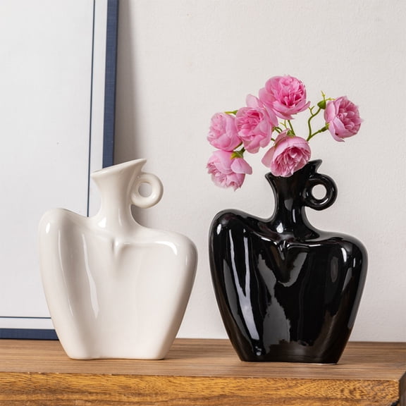 XGFHYJEH Black Vases Home Decor, Plastic Small Flower Vase, Minimalist Boho Decorative Modern Donut Vase for Farmhouse Living Dining Room Office Entryway Bookshelf Coffee Table Décor