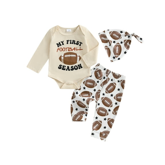 BemeyourBBs Baby Boy Fall Football Outfit Print Romper Pants and Cap 3 Pcs Set
