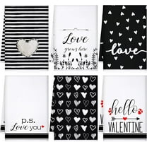 qefuia 6 Pcs Valentine''s Day Kitchen Towel Black and White Love Heart Dish Towel Hello Valentine Heart Stripes Washcloth Set 17 x 26 Inch P. S. Love You Bath Facecloth for Cooking Bathroom Wedding