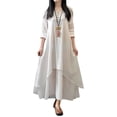 thumbnail image 1 of Vestido largo bohemio de lino y algodón para mujer, liso, con bolsillos, manga larga, cuello en V, plisado, largo, con capas, informal, talla grande, 1 of 7